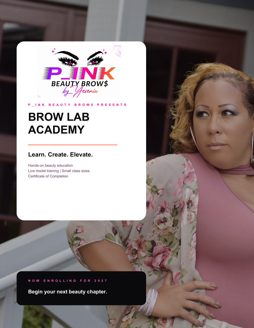 Pink Beauty Brow Lab Academy brochure featuring Yesenia Diggs